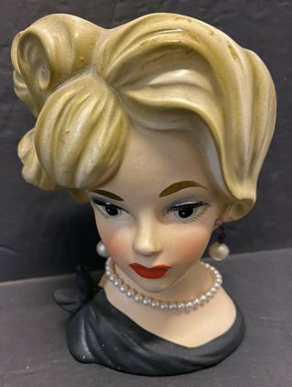 Vintage Napco Napcoware Lady Head Vase C7293 Blonde Hair Black Dress Planter