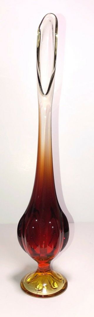 Vtg Mid - Century Viking Glass Amberina Swung Bud Vase Orange And Yellow 13 1/2in