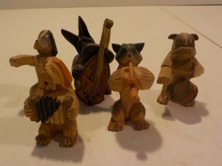 T Vintage Antique Folk Art Miniature Wooden Carved Dog Band Members Musicians