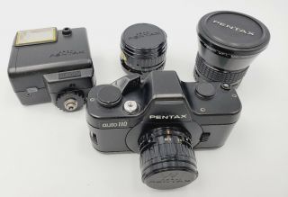 Vintage Pentax Auto 110 Camera W/ F2.  8 - 18mm,  50mm & 70mm Lenses & Af130p Flash