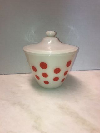 Vintage Fire King Oven Ware Tall Bowl With Lid White Red Polka Dot 6”