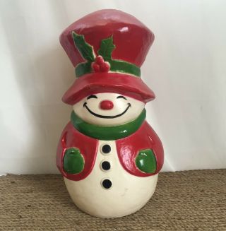 Vintage Happy Snowman Red Hat Holly Blow Mold Hard Plastic 13 - 1/2” Union Product