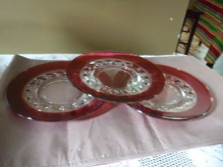 3 Vintage Indiana Ruby Red Flash Kings Crown Thumbprint Dish Plates 8.  25 "