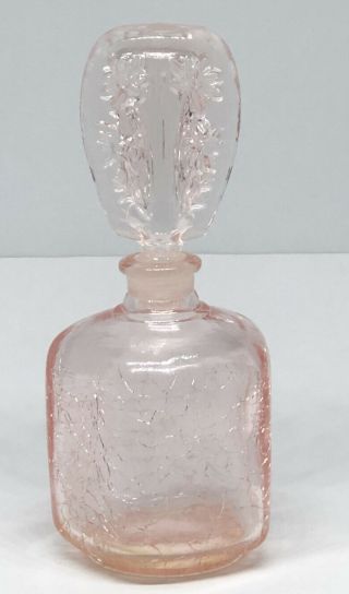 Vintage Pink Crackle Glass Perfume Bottle With Floral Top 4 3/4 " High X 1 3/4 "