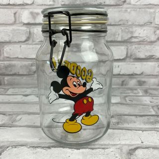 Disney Mickey Mouse Goodies Anchor Hocking Glass Jar Treat Candy Cookies Vintage