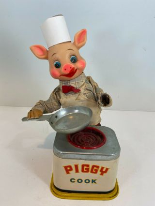 Vintage Piggy Cook Tin Litho Mechanical Toy Made In Japan