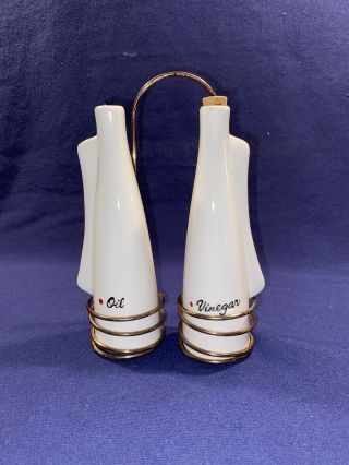 Vintage White Glass Oil & Vinegar Bottles With Corks And Stand