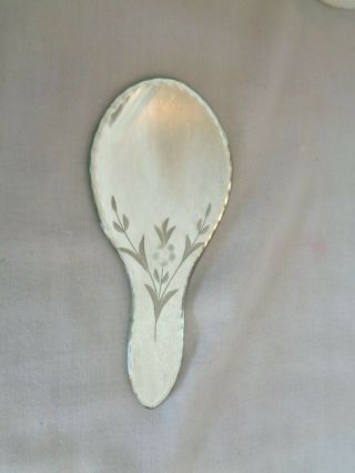 Small Vintage Hand Held Mirror With Etchings In Glass (4736)