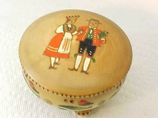 Vintage Norwegian Couple & Florals Hand Painted Carved Round Wood Box With Lid