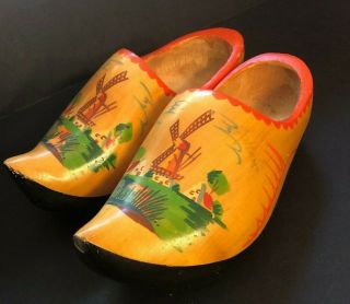 Old Vintage Hand Carved Painted Dutch Wooden Shoes Clogs Holland Windmill Wood