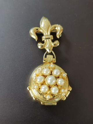 Vintage French Fleur De Lis Pin 4 Way Hinge Faux Pearl Gold Tone Locket