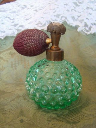 Vintage Deco Glass Green Hobnail Rhinestone Atomizer Perfume Bottle