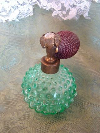 Vintage deco Glass Green Hobnail Rhinestone Atomizer Perfume Bottle 3