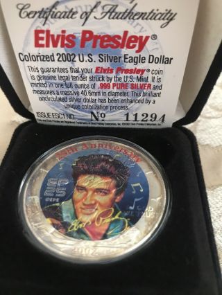 Vintage Elvis Presley Colorized 2002 U S Silver Eagle Dollar.  999 Pure Silver