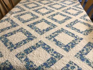 Vintage Quilt Blue And White Square Quilt Approx 67” X 83” Machine Quilted