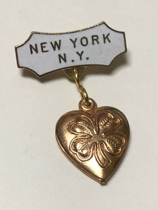 Vintage 1940s York City Enamel Souvenir Lapel Pin Four Leaf Clover Irish Nyc