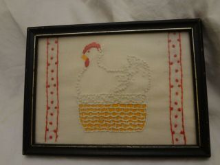 Vintage Hand Sewn Folk Art Chicken Hen Farmhouse Picture Framed Primitive Estate