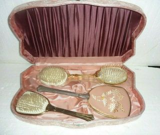 Vintage Vanity Set Hair Brush Hand Mirror & Pink Case Not Matching H.  A.  Rohs Ky