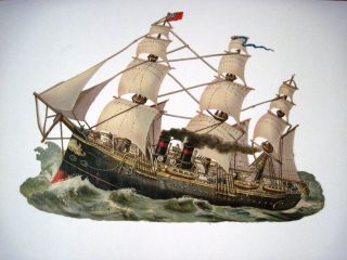 Large Vintage Sailing Steam Ship Die Cut W/ Great Detail Of The Sails