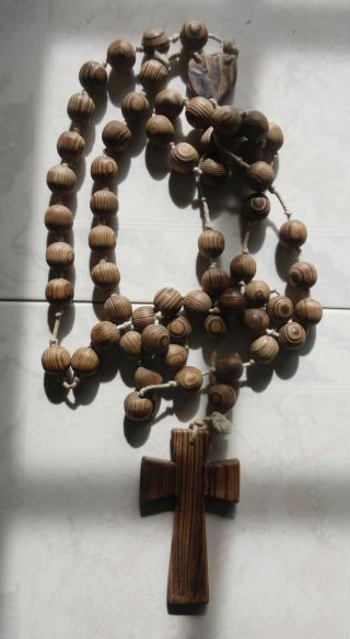 Rare Vintage Largue African Art Wood Beads Wall Mount Rosary - Crucifix