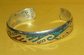 Vtg Delvin Nelson " Djn " Native Navajo Sterling Silver Turquoise Coral Bracelet