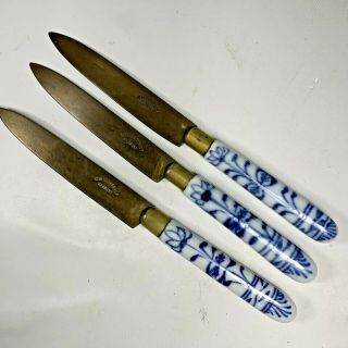 3 Vintage Meissen Blue Onion Porcelain Uchatius Bronce Germany Fruit Knives