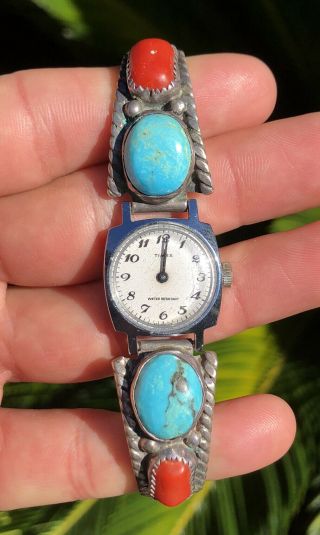 Vtg Navajo Native American Sterling Silver Turquoise Coral Watch Band Tips