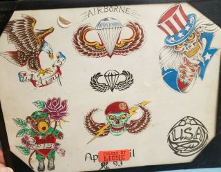 Vintage 80s Apache Jil Army Usa Airborne Eagle Produx Tattoo Flash Colors:monk