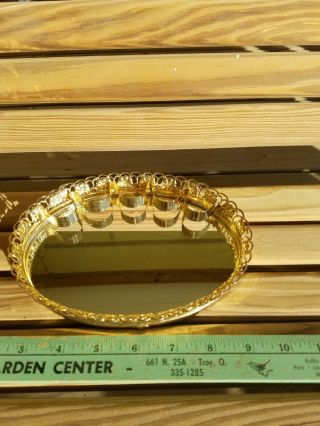 Vintage Gold Tone Filigree Oval Vanity Mirror Tray With 5 Lipstick Tube Holders