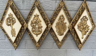 4 Vintage Mcm Homco Syroco Gold Diamond Shape Wall Decor Plaques Made In Usa