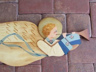 Hand Painted Wooden Angel Wall Hanging Plaque Trumpet 34127 Vintage