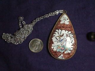 Vintage Antique Asian Persian Hand Painted 2 Sided Pendant 22 " Necklace C9