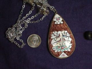 Vintage Antique Asian Persian Hand Painted 2 Sided Pendant 22 " Necklace C10