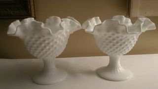2 Vtg Fenton Large White Milk Glass Ruffle Edge Hobnail Taper Candle Bowls