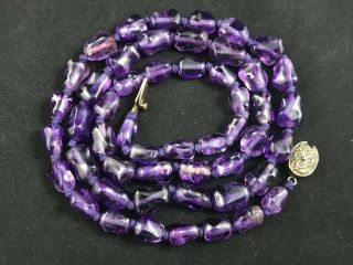 Vintage Chinese Export Knotted Real Amethyst Bead Necklace,  Stamped Silver Clasp