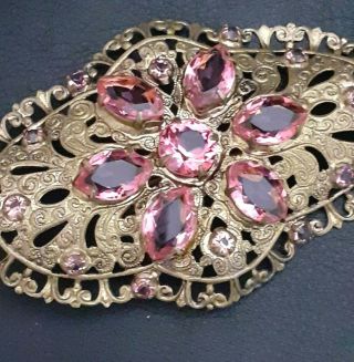 Large Vintage Czech Art Deco Pink Pressed Metal Filigree Brooch Pin