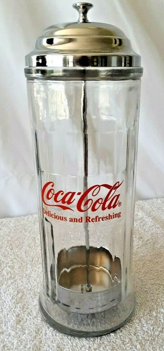 Vintage 1992 Clear Glass Stainless Steel Coca Cola Lift Up Straw Dispenser 11.  5 "