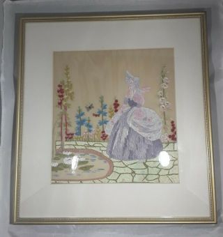 Vintage Art Deco Crinoline Lady Silk Hand Embroidered Panel Framed Picture
