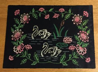 Vintage Handmade Embroidery Swans On Black Satin 12 X 16 Mounted Unframed