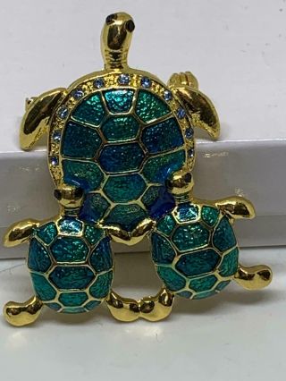 Turtle With 2 Young Blue Enameled Vintage Gold Pin Brooch D - 5699