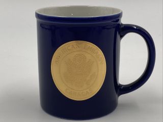 Vintage American Embassy Caracas Venezuela Coffee Mug Cobalt Blue Gold Seal