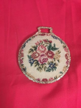 Vintage Rose Needlepoint Tapestry Gold Tone Mirror Compact For Purse