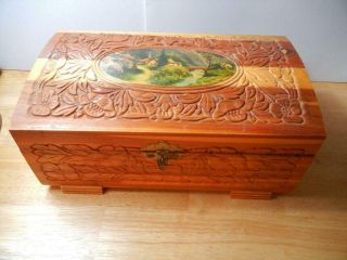 Vintage Wooden Carved Jewelry Box With Mirror And Cottage Scene On Lid