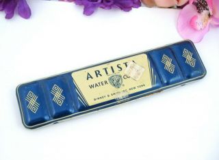 Vintage Artista Water Colors Tin Blue Case Binney & Smith No 8 With Paint Cakes