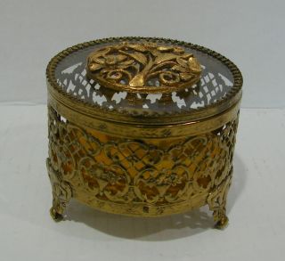 Vintage Gold Ormolu Round Jewelry Trinket Box W/ Floral Design On Glass Lid