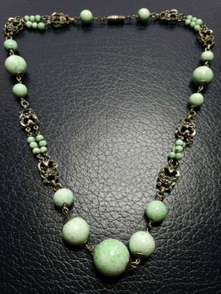 Vintage Czech Art Deco Peking Glass Bead & Filigree Necklace