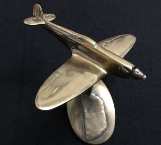 Vintage Solid Brass Ww2 Raf Spitfire Model And Stand,  With Song Sheet.