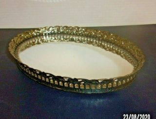 Vintage Gold Toned Filigree Mirror Vanity Tray Oval Shape 9 1/2 " By 7 "
