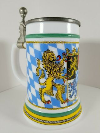 Vintage Bmf Bierseidel German Milk Glass Beer Stein With Pewter Lid.