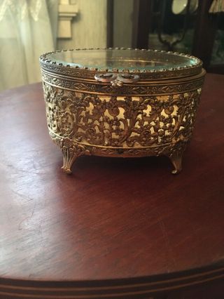 Vintage Ornate Gold Ormalu Filigree Jewelry Casket Box Beveled Glass Top Oval,